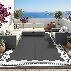 Garvee Outdoor Rug 8x10 Scalloped Waterproof Patio RV Outdoor Rugs Reversible Foldable Plastic Straw Rug Modern Camping Carpet for Deck Camper Porch Balcony Backyard Picnic Beach Grey
