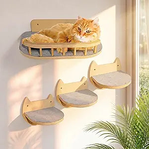 Cat Wall Shelves  3 Steps Climbing Furniture & Perch for Indoor Cats up to 30lbs, Wooden Floating Shelf with Non-Slip Pad Bed, Modern Corner & Wall Mounted for Playing and Lounging - Natural