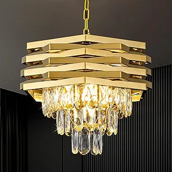 15.75" Gold Crystal Chandelier 5-Light Modern Crystal Pendant Light 3-Tier Luxury K9 Hanging Dining Room Lighting Fixtures for Bedroom Living Room Office Hallway Foyer Entryway Kitchen Sink