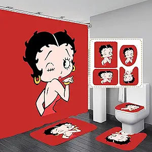 Betty Red Bathroom 4 Pieces Set Shower Curtain, Toilet Lid Cover and Bath Mat, Non-Slip Rugs, Durable and Waterproof, for Bathroom Decor Set, 72" x 72"