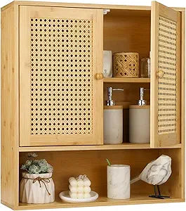 Bamboo Cabinet Wall Mount, Rattan Medicine Cabinet with Shelves and Doors, Wall Cabinet Above Toilet, Storage Organizer for Laundry Room, Kitchen, Living Room