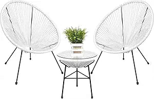 Best Choice Products 3-Piece Outdoor Acapulco All-Weather Patio Conversation Bistro Set w/Plastic Rope, Glass Top Table and 2 Chairs - White