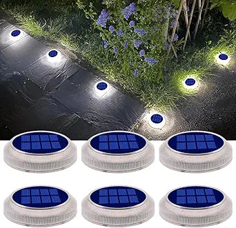 DetarZinLED Solar Deck Lights Outdoor Waterproof, 6 Pack White Round Deck Lights Solar Powered, Flat Stick on Ground Disc Light for Outdoor Pathway Driveway Step Yard Dock Walkway Patio
