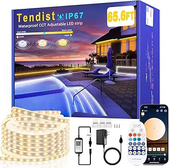 65.6FT Outdoor LED Strip Lights Waterproof IP67, Dimmable 3000K-6500K Warm White LED Rope Lights Outdoor Waterproof with Remote & APP, 24v Adhesive Exterior Lighting for Patio, Deck, Gazebo