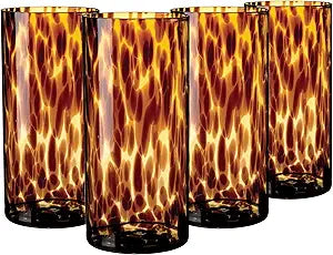 Joseph Sedgh Collection Tortoise Shell Highball Glass Set of 4  14.54 oz Borosilicate Cocktail & Water Glasses  Durable, Lead-Free, Dishwasher Safe  Elegant Gift Packaging