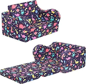 MOMCAYWEX Kids Sofa, 2-in-1 Flip-Out Foam Couch, Foldable Soft Play Lounge Chair, Purple