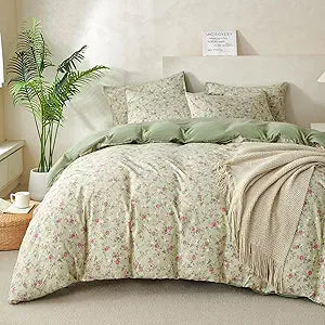 Queen Floral Duvet Cover Luxury Soft Brushed Microfiber Crinkle Gauze Fabric 3 Pieces Bedding Set Flower Pattern Queen Duvet Cover with Zipper Closure Breathable Comfy