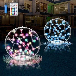 2 Pack Solar Floating Pool Lights, 14.5" RGBW Inflatable LED Balls with Remote, 16 Colors, 4 Light Modes, Timer & Brightness Control, Auto On/Off, IP68 Waterproof Glow for Pool & Outdoor Dcor