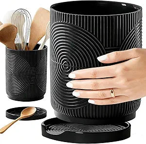 Utensil Holder, 7.2" Kitchen Utensil Holder for Counter, 2-in-1 Ceramic Cooking Utensils Holders with Spoon Rest, Utensil Crock for Spatula, Ideal Housewarming Gift (Black)