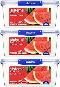 Sistema KLIP IT+ 3.35L Rectangle Food Storage Containers (3-Pack), Stackable & Airtight Food Boxes with Lids, Dishwasher, Freezer, & Microwave-Safe, BPA-Free, School Lunch Boxes