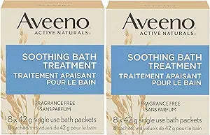 Aveeno Fragrance Free Soothing Bath Treatment, 100% Natural Colloidal Oatmeal, Sensitive Skin Bath Soak for Relief of Dry, Itchy, Irritated Skin Due to Eczema & Hives, Bath Packets, 8 ct. (Pack of 2)