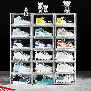 12 Pack Shoe Boxes, Clear Acrylic Stackable Plastic Sneaker Box Container, Magnetic Drop & Side Open Shoe Organizer Case Container With Lids Fits Up to Size 14 (Crystal Clear)