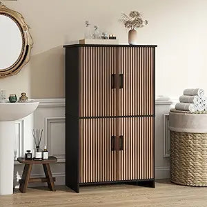 Bathroom Storage Cabinet, Floor Cabinet with 4 Fluted Doors and 2 Adjustable Shelves Wooden Tall Freestanding Organizers and Storage,Black