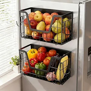 Magnetic Fridge Shelf for Fruit&Vegetable Storage Basket- Non-assembly Space Saving Magnetic Refrigerator Shelves,Fruit Basket 30lbs Capacity Side of Fridge Storage Container for Onion,Snacks(2 Pack)