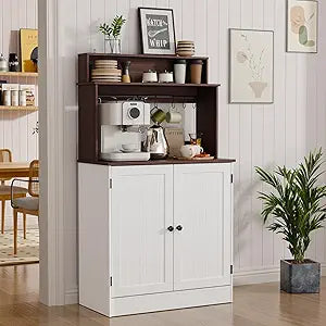 MHOM Farmhouse Bar Cabinet with Storage, Coffee Station Cabinet with 5 Hooks, Small Coffee Bar for Kitchen & Living Room, Antique White