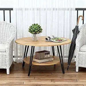 Manora Round Coffee Table with Storage, Small Circle Center Table for Living Room, Modern Wood Coffee Table for Home Office & Small Spaces, Easy Assembly, Oak