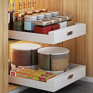 2 Pack Pull Out Cabinet Organizer Adhesive, 10" Wide 16.9" Deep Pull out Drawers for Face Frame or Frameless Cabinets, No Drill Heavy Duty Carbon Steel Drawer, Pantry Cabinet Shelf