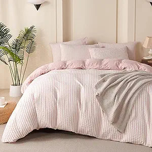 Duvet Cover Set Queen Striped Pink, 100% Washed Microfiber Jacquard 3 Pieces Queen Striped Bedding Sets, with Zipper Closure & Corner Ties, Lightweight Soft Comfort Breathable (No Comforter)