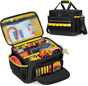 Rexmica Small Tool Bag, 12-Inch Tool Tote Bag with EVA Hard Bottom and Carrying Strap, Multi-functional Tool Storage Organizer for Electrician, Plumber, Mechanic, Automotive, Black-yellow