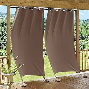 RYB HOME Windproof Outdoor Curtains with Weights Bags, Blackout Waterproof Indoor Outdoor Curtain Draperies for Patio, Entrance, Basement, Gazebo, 52 Inches Wide x 96 Inches Long 2 Panels, Mocha