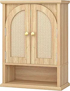HOOBRO Arched Rattan Wall Cabinet for Bathroom, Over Toilet Storage Cabinet with Doors and Open Shelf, Farmhouse Medicine Cabinet with Adjustable Shelf for Bathroom Kitchen, Natural