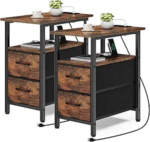 Vagusicc End Table with Charging Station Set of 2, Narrow Side Table, 23.8'' Tall Nightstand with 2 Drawers, Small Sofa Side Table Narrow Nightstand for Small Spaces Furniture, Bedroom, Rustic Brown