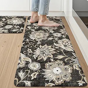 LEEVAN Anti Fatigue Mats for Kitchen Floor 2 Piece,Cushioned Memory Foam Black Kitchen Mats for Floor,Comfort Floral Boho Non Slip Kitchen Floor Mat for Sink,Laundry,Office(20"x31"+20"x47")