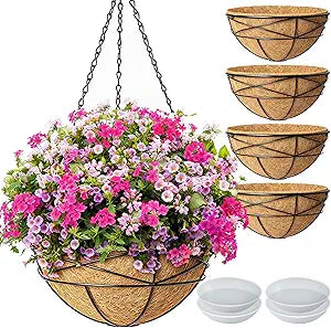 4 Pack 12 Inch Hanging Planters for Outdoor Plants Metal Watering Flower Baskets with Coco Liner for Outside Panting Plant Holder Pot for Home Garden Porch Balcony Railings Decor