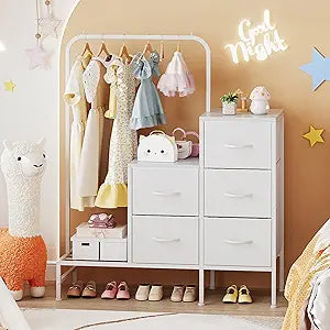 COTUBLR Dresser for Bedroom with Hanging Rack, 5 Drawers Dresser with Clothes Rack, Fabric Dressers & Chest of Drawers with PU Finish Storage Organizer, for Living Room Closet, White