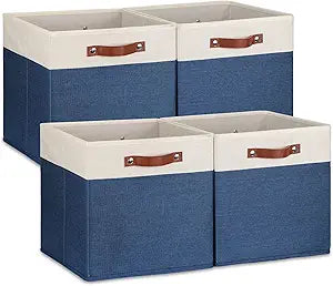 Temary Fabric Storage Bins for Cube Organizer 4 Pack Cube Storage Bins 13 Storage Cubes for Shelves Storage Baskets for Organizing Books, Clothes, Towels (White & Blue, 13x13x13 Inch)