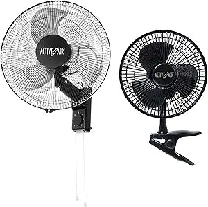 Hydrofarm 16-Inch 3-Speed Metal Wall Mountable Oscillating Tilt Fan and Active Air 8-Inc Clip-On 7.5W Brushless Motor Hydroponic Garden Grow Fan