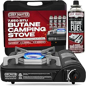 Chef Master Portable Butane Camping Stove, Piezo Ignition 7,650 BTU Output, Wind-Guard Portable Stove Burner with Portable Carrying Case for Emergencies, Road Trips, Hiking, Camping Essentials 90027