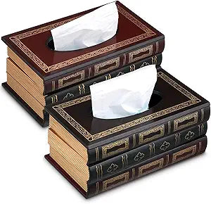 Teenyyou 2 Pcs Wooden Retro Book Tissue Box Cover Antique Tissue Box Cover Rectangular Classical Novelty Toilet Paper Holder Dispenser Medieval Home Decor for Bathroom Living Room Office Car Kitchen