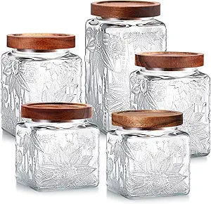 Suclain 5 Pcs Sunflower Vintage Glass Jars with Bamboo Airtight Lid 17/24/34 oz Glass Food Containers Storage for Kitchen Counter Pantry Sugar Flour Coffee Tea Candy Oats Cereal(Square)