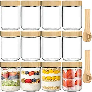 TBWIND 12 Pack 16oz Glass Jars with Bamboo Lids, Spoons, Airtight Overnight Oats Containers, Salad& Yogurt Storage, Mason Jars for Snacks, Spices, Meal Prep  Reusable