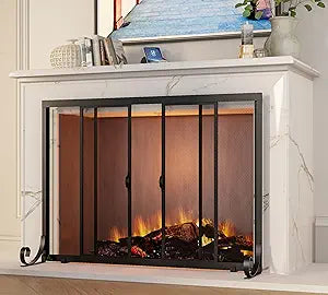 Fire Beauty Fireplace Screen, Wrought Iron Mesh, Baby Safe Spark Guard Protector with 2-Doors Large Flat Guard Screens (37.8 x 30.7 Inch)