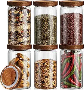 Suclain 6pcs Ribbed Glass Jars with Wooden Lid Airtight Fluted Storage Container Striped Food Organization Canisters for Pasta, Coffee, Candy for Home & Kitchen (27 oz)