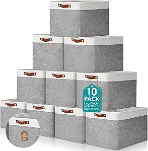 Uiifan 10 Pcs Collapsible Storage Bins Fabric Foldable Storage Basket with Handles Cloth Organizer Linen Shelf Baskets for Shelves Home Closet Nursery Toys(17 x 15 x 12 Inch,Gray and White)