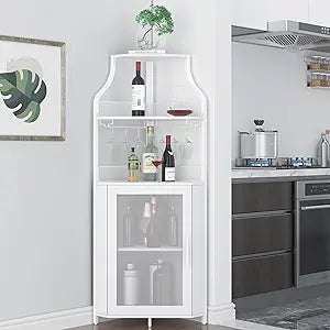 GAOMON Corner Bar Cabinet with Glass Holder, Industrial Wine Cabinet with Adjustable Shelf, 5-Tiers Liquor Cabinet for Home, White