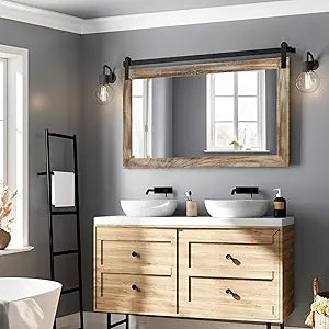 COGOOD Farmhouse Barn Door Mirror - 41" x 26" Rustic Wood Framed Wall Mirror for Bathroom, Living Room, Entryway Wall Decor (Striped Brown)