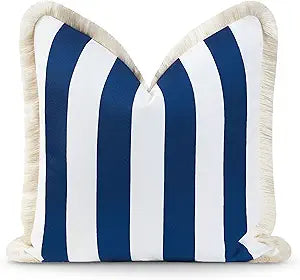 Hofdeco Premium Coastal Hampton Style Patio Indoor Outdoor Pillow Cover Only, 20"x20" Water Resistant for Backyard, Couch, Navy Blue Stripe Fringe
