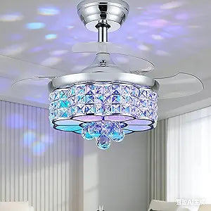 30" Retractable Crystal Ceiling Fan with Light, RGB Modern Chandelier 6 Speeds Reversible Blades Dimmable Remote App Control Memory Timer Silver