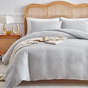 WARMDERN Waffle Weave Full Size Duvet Cover, Light Grey Microfiber Duvet Cover Set, Soft and Breathable Comforter Cover, Textured 3 Pieces Bedding Set for All Season(Light Grey,Full)