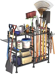 GIOTORENT 6 Tier Garden Tool Organizer, Garage Storage and Organization, Metal Yard Tools Storage Rack, Heavy Duty Garden Tool Organizer for Garage, Yard, Patio, Shed, Indoors and Outdoors, Black