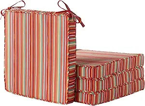 Outdoor 18 inch Square Patio Dining Chair Pads  Comfortable Fiber-Filled Seat Cushions with Ties, Reversible Polyester Fabric - Watermelon Stripe, Set of 4
