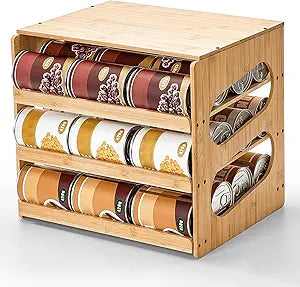 Aminigram Soup Can Organizer for Pantry, 4 Tier Pantry Can Organizers and Storage, Rolling Bamboo Canned Food Storage for Countertop Kitchen Cabinet