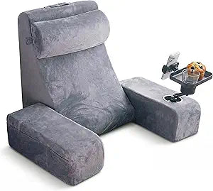 TabCouchCaddy Reading Pillow for Adults  24 XL Memory Foam Backrest with Detachable Arms, Cup Holder, Phone Caddy & Adjustable Tray Mount | Back Pillow for Bed Sitting Up, Reading, TV & Recovery