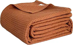 Simple&Opulence 100% Cotton Waffle Weave Blanket Queen Size 90"x90", Soft Lightweight Breathable Cozy Washed, Layer Throw Blanket for Couch Bed, Farmhouse Home Decor for Adults All-Season, Rust Orange