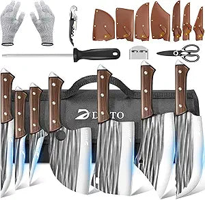 Dfito Butcher Knife Set with Roll Bag, 14 in 1 Professional Chef Knife Set, Hand Forged Bone Chopping Knives & Meat Cleaver Knife & Fillet Knives for Home & Camping & BBQ, Gifts for Men Women