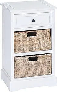Deco 79 Wood 1 Drawer Storage Unit with 2 Brown Woven Baskets, 16" x 13" x 28", Cream